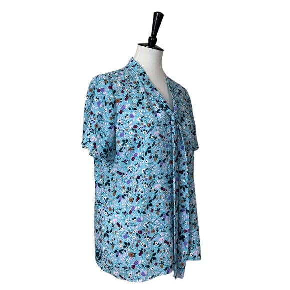 Talbots Tie Neck Top Blouse Short Sleeves Blue Multi Floral Women’s Size Large - Picture 2 of 11